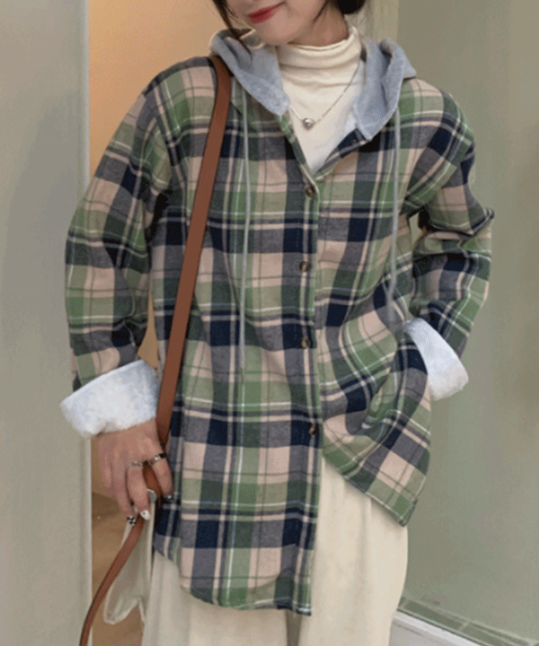 레트로 체크 안감 기모 밍크 소매퍼 루즈핏 남방 가을 겨울